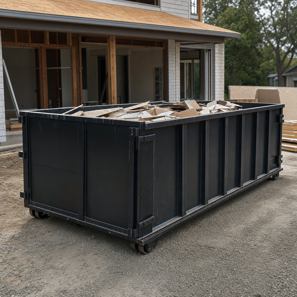 Large matte-black 30-yard construction roll-off dumpster at an active Bridgeport jobsite, steel-gray top rails and bottom rollers visible, loaded with construction debris.
