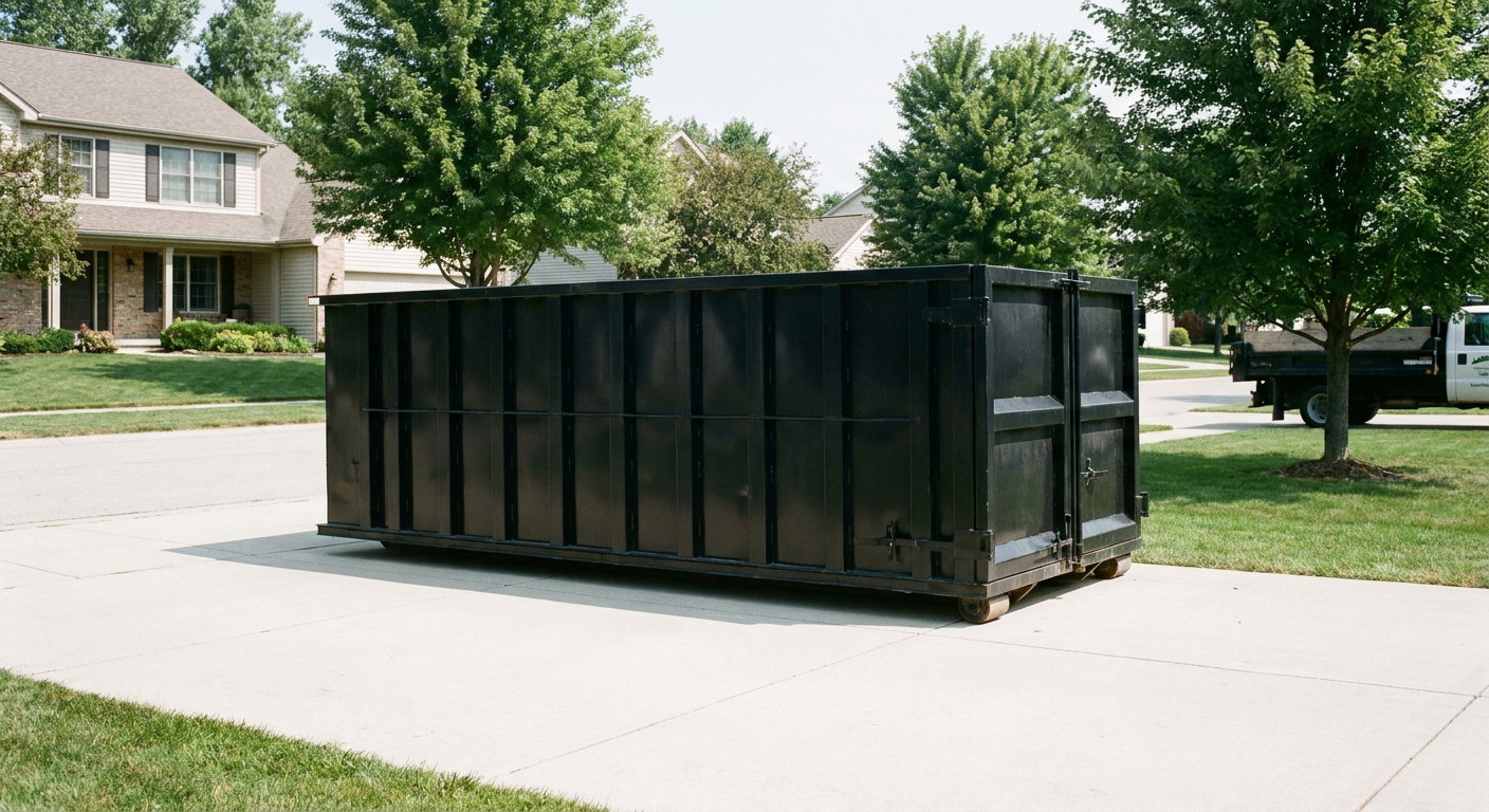 Matte-black 20-yard roll-off dumpster sitting level on a clean Bridgeport residential concrete driveway under bright daylight, demonstrating clean placement directly on the concrete.