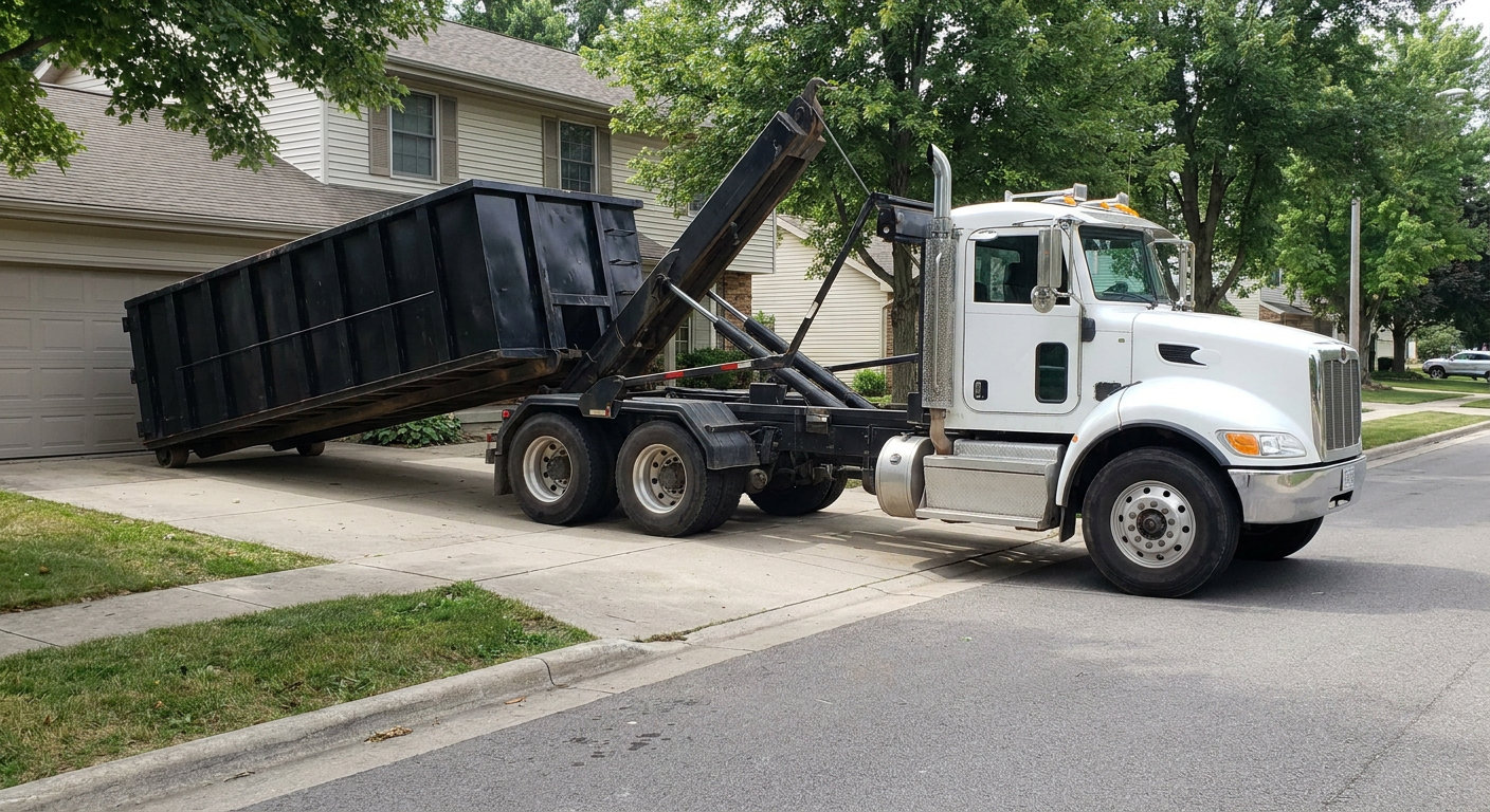 White-cab hooklift roll-off truck actively lowering a matte-black dumpster onto a Bridgeport residential concrete driveway, the dumpster's rear wheels touching the driveway as the hoist arm tilts the bed forward, mid-morning daylight.