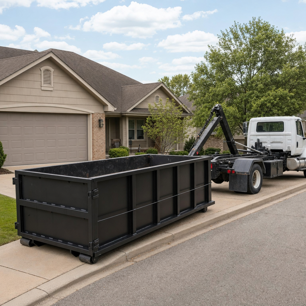 Wide documentary shot of a matte-black roll-off dumpster on a Bridgeport residential driveway in the foreground and a contractor jobsite container in the soft-focus background, bright daylight, calm and orderly composition.