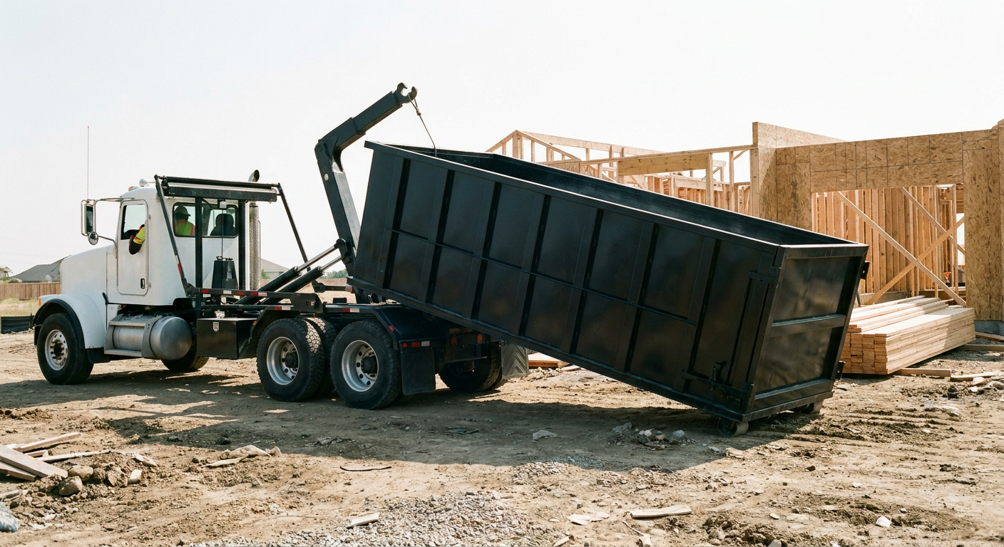 Matte-black roll-off dumpster being delivered onto a clean residential concrete driveway in Bridgeport by an unmarked white hooklift hauler truck, bright morning daylight, documentary 35mm perspective.