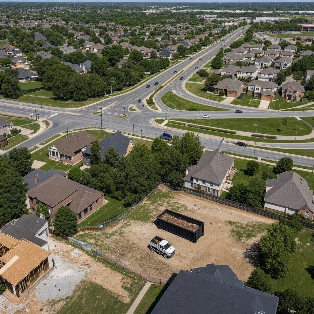 An overhead documentary view of the Bridgeport metro area at midday, showing the spread of neighborhoods, arterial roads, and the dispatch radius from a central yard — clean daylight, organized geographic layout.
